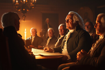 An intimate gathering of the Founding Fathers deliberating in candlelight