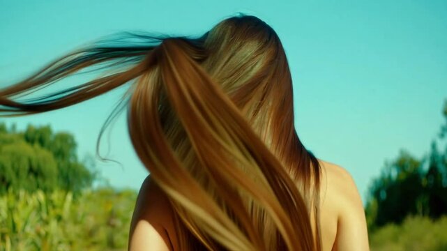 Woman with long and shiny brown hair flowing in the wind