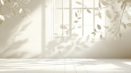 Beige and white studio backdrop with leaf shadows from window, perfect for showcasing products and adding text.