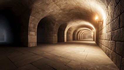 Obraz premium A dimly lit stone hallway features a series of archways illuminating through warm lighting, creating a historic ambiance reminiscent of ancient architecture.