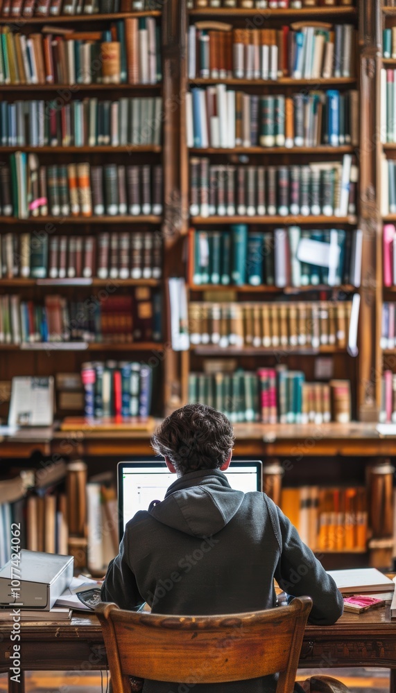 Aufkleber remote study session in university library with academic books and digital workspace