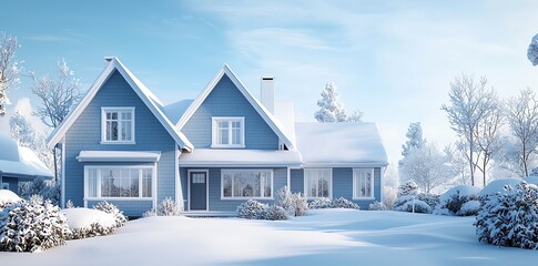 Charming blue house in a serene winter landscape, blanketed by snow