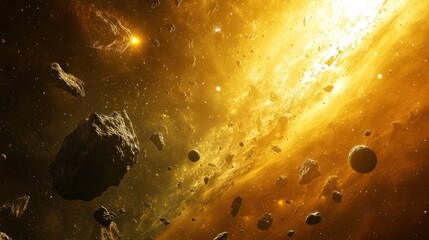 Obraz premium A swirling nebula with bright yellow and orange hues, filled with rocky asteroids and a distant star.