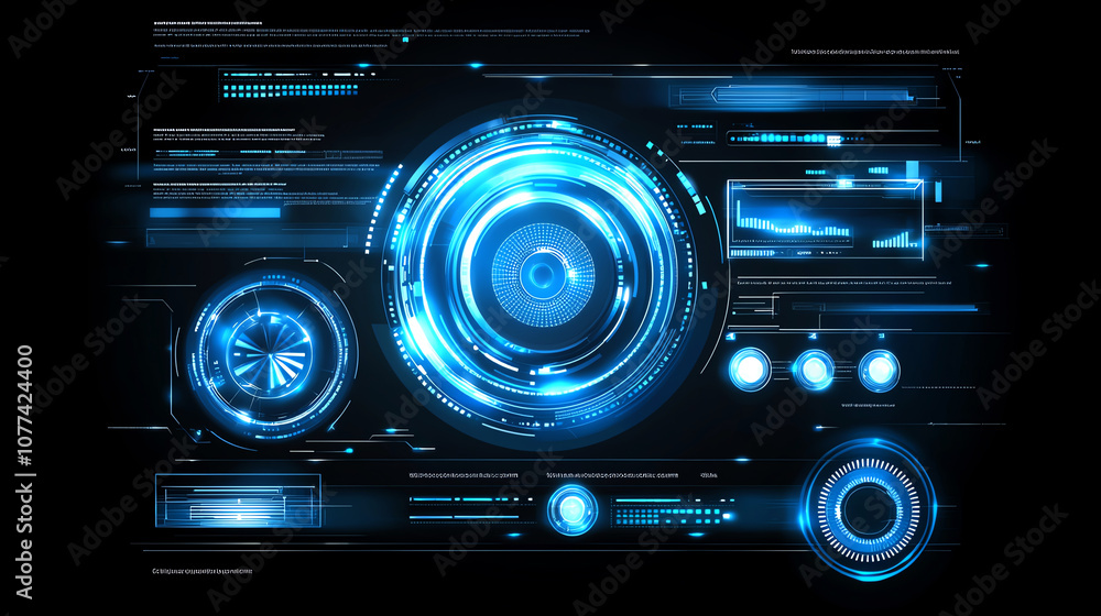 Poster futuristic digital interface with glowing blue elements, circular patterns, and hi-tech details on a