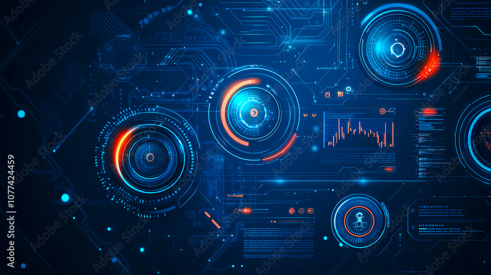 Aufkleber futuristic digital interface with circular elements and data visualization in a blue and orange colo