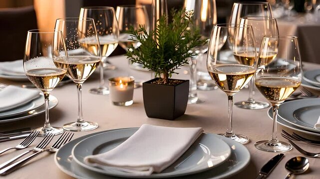 Elegant Table Setting with Wine Glasses and Dinnerware

