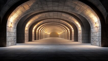 Fototapeta premium Majestic arched tunnel with warm lighting creates a captivating pathway. The symmetry and depth emphasize architectural brilliance in an underground passageway.