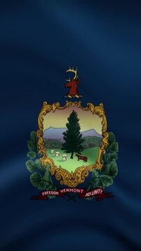 Vermont State Waving Flag in Vertical Orientation. Realistic Flag Animation. Seamless Loop Background.