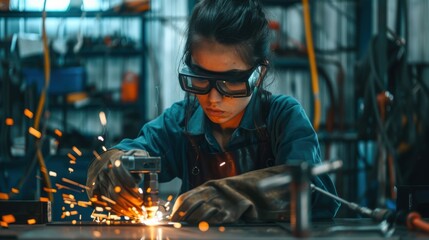 Skilled Female Welder in Workshop Action Displaying Dedication and Expertise