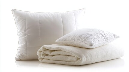 Fototapeta premium Plush and soft pillows and blanket adorn a pristine white backdrop.
