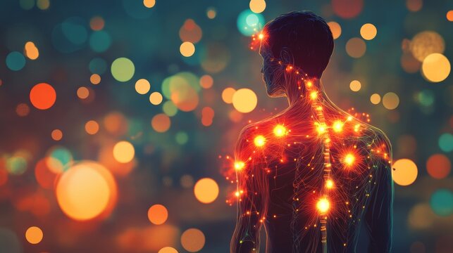 Illustration of fibromyalgia  glowing points representing widespread chronic pain symptoms