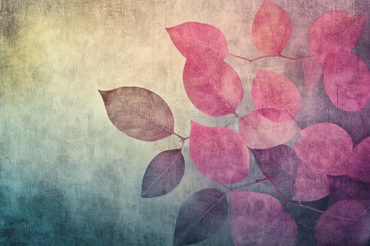 Textured wallpaper with pastel leaf silhouettes.