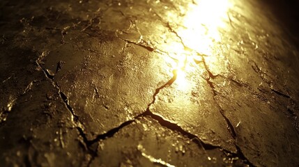 Close-up of a cracked golden surface with sunlight shining through.