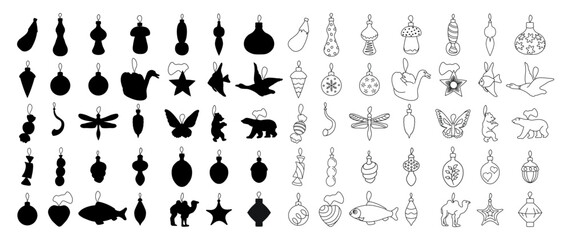 Christmas toys, hanging Christmas balls and toys, sketch, silhouette, set