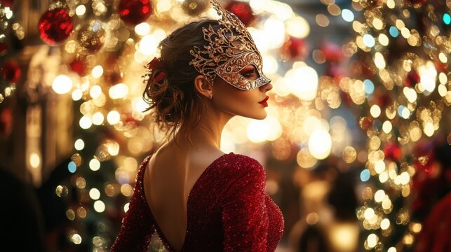 A woman with her hair pulled back wears a gold masquerade mask and a deep red, sequined dress. The background is blurred, but the colorful lights of Christmas decorations are visible.