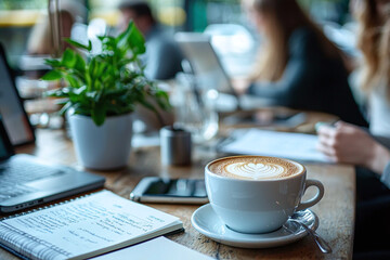 Fototapeta premium a casual meeting in a trendy office with laptops, coffee, and notebooks.