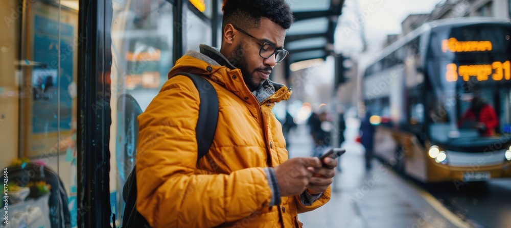 Aufkleber professional checking emails at bus stop in busy urban setting for mobile communication theme