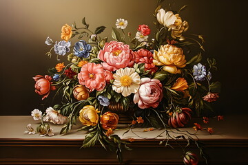 Still life. Bouquet of flowers in a vase. Oil painting by old masters. Pink and white roses. Wall painting. Poster print, printing. Vertical format