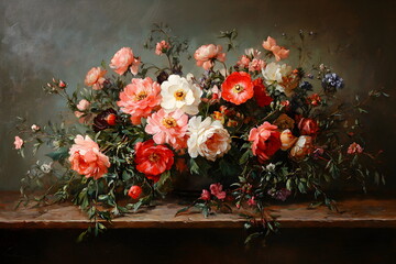 Still life. Bouquet of flowers in a vase. Oil painting by old masters. Pink and white roses. Wall painting. Poster print, printing. Vertical format