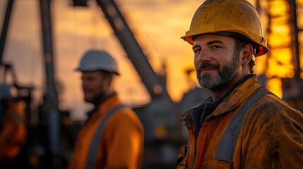 Oil production. Oil rig, oil business. Worker working near oil pump. Industry business concept oil and gas at sunset.