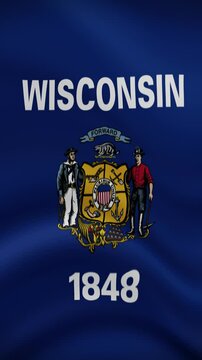 Wisconsin State Waving Flag in Vertical Orientation. Realistic Flag Animation. Seamless Loop Background.