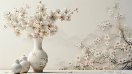 Digital rendering of a classic flower vase with soft-hued flowers, placed against a pale backdrop, perfect for home decor visuals