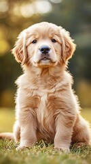 Fototapeta premium A golden retriever puppy watching a serene sunset in nature.