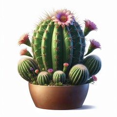 Blooming cactus on white background, cactus in the pot 