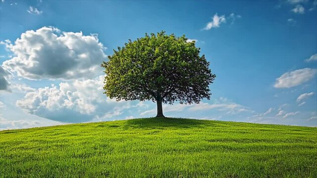 tree growing on hill with green grass and blue sky