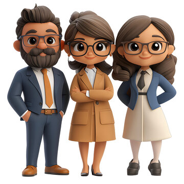 A 3D cartoon rendering of a team of business professionals working together on a project.