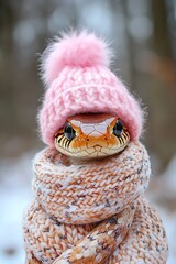 cute snake in pink knitted hat and scarf on winter background, holiday pet wallpaper, Christmas or New Year banner, dressed animal portrait, wrapped warm in cold weather, symbol 2025