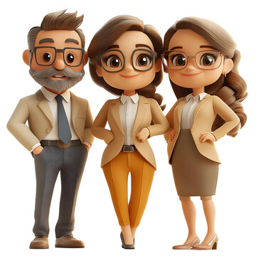 An entertaining 3D cartoon representation of a team of business professionals working together on a project, set against a white background.