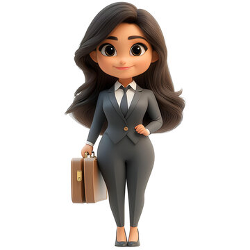 A confident businesswoman in 3D cartoon style, holding a briefcase and smiling brightly, isolated on a white background.