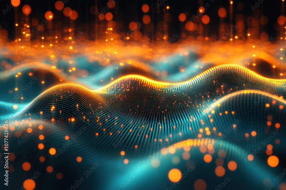 Poster abstract digital background with orange and blue glowing particles, forming a wavy pattern.