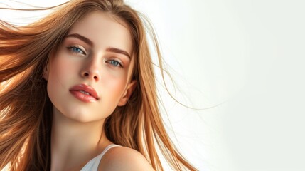 Naklejka premium Close-up portrait of a young woman with bright blue eyes, soft pink lips, and flowing blonde hair. Her natural makeup highlights her radiant complexion, while gentle lighting and a light background