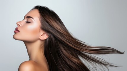 Close-up side profile of a young woman with long, sleek brown hair flowing gracefully. Her eyes are closed, highlighting her serene expression and defined features. Radiant skin and subtle makeup