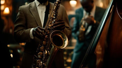 Obraz premium Jazz musicians playing saxophone and double bass in a dimly lit club, capturing the atmosphere of live jazz music