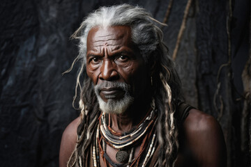 Elderly African man with gray hair and tribal scars, exuding wisdom and wearing traditional woven attire, embodying cultural heritage and experience. Generative AI