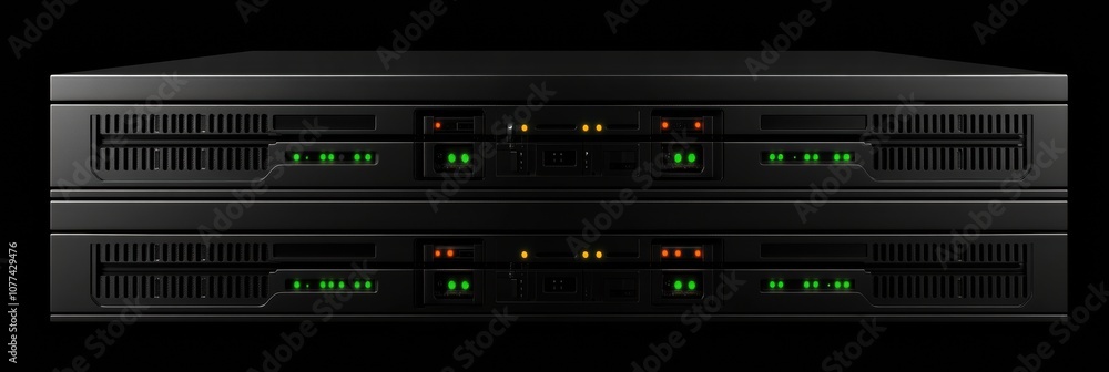 Poster a rack of servers displays blinking lights, indicating active processes against a dark backdrop, emp
