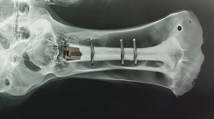 Lateral X-ray image of the ankle joint, showing a calcaneus fracture stabilized with a wooden plate and screws. The image highlights the fracture site, the calcaneus bone