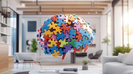 Vivid 3d puzzle pieces forming a brain shape symbolizing mental health and creative diversity