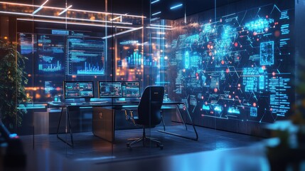 Modern Office with Digital Screens Displaying Data and Code