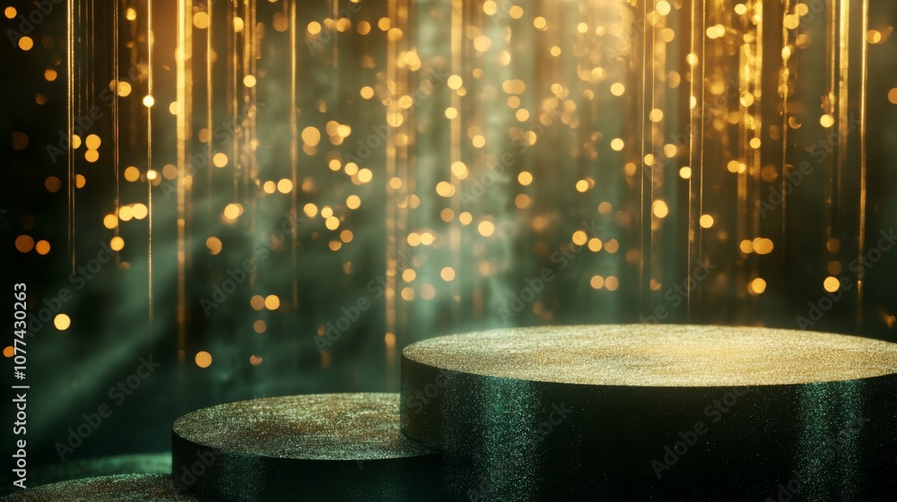 Aufkleber Golden lights cascade softly down from above, illuminating several dark round platforms gathered together.