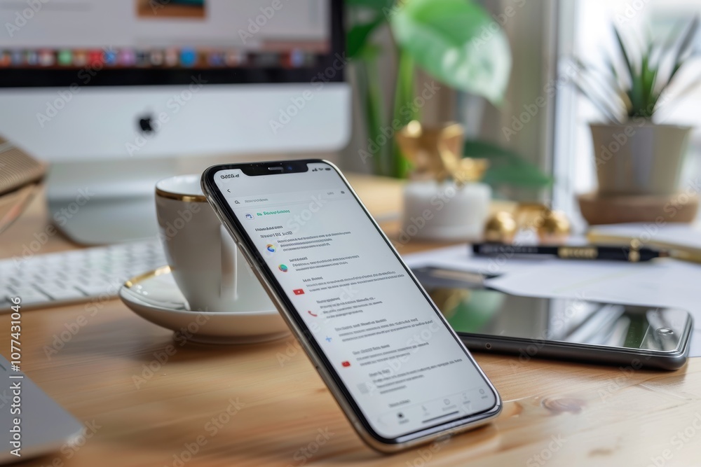 Poster modern smartphone with email app in business workspace setting