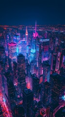 Vibrant City Skyline at Night with Illuminated Skyscrapers and Aerial View