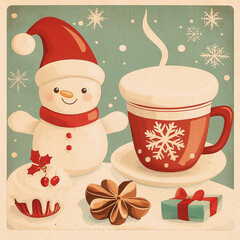 Retro Vintage Christmas wallpaper with a Snowman, a mug cup, and presents, in a warm and cozy atmosphere