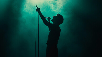 Silhouette of Singer Performing on Stage with Microphone and Green Lighting