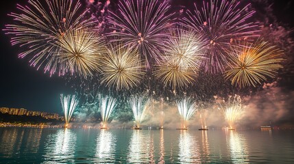 Vibrant fireworks display over water at night