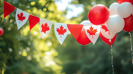 Canada Day Bunting and Balloons in Red and White Outdoors