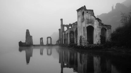 Obraz premium Eerie ruins of ancient stone structure reflected in still water. Haunting and mysterious atmosphere in misty blue tones. 